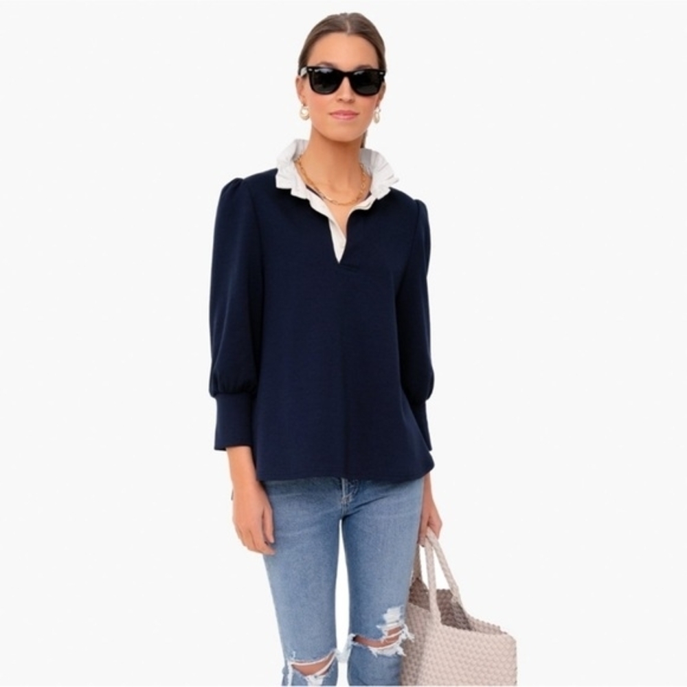 Tuckernuck Pomander Place Navy Charlotte Terry Top with Adorable Ruffle Collar